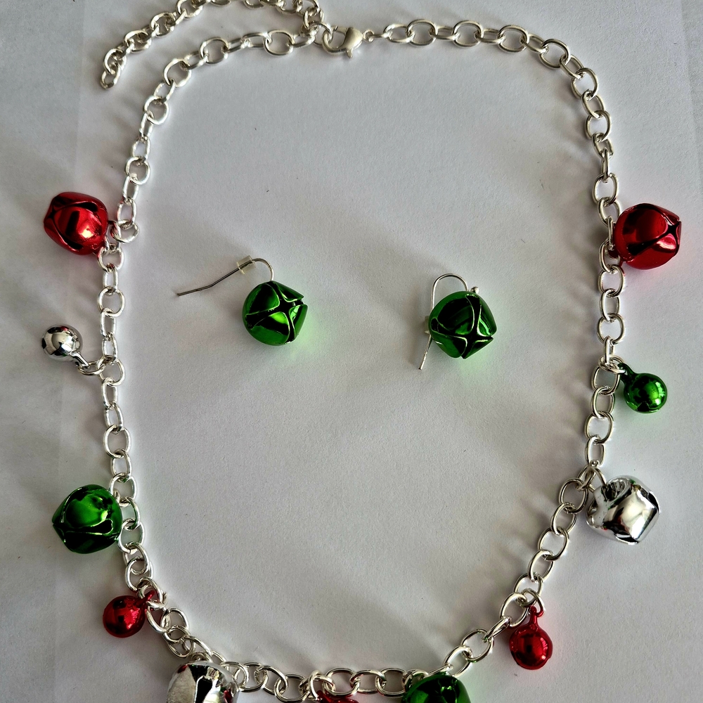 Festive Silver Necklace with Red and Green Accents